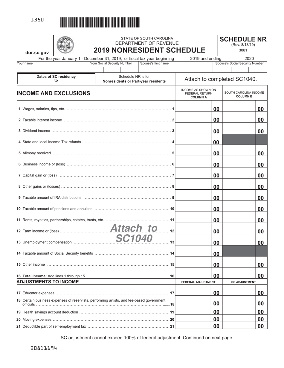 Schedule NR Nonresident Schedule - South Carolina, Page 1