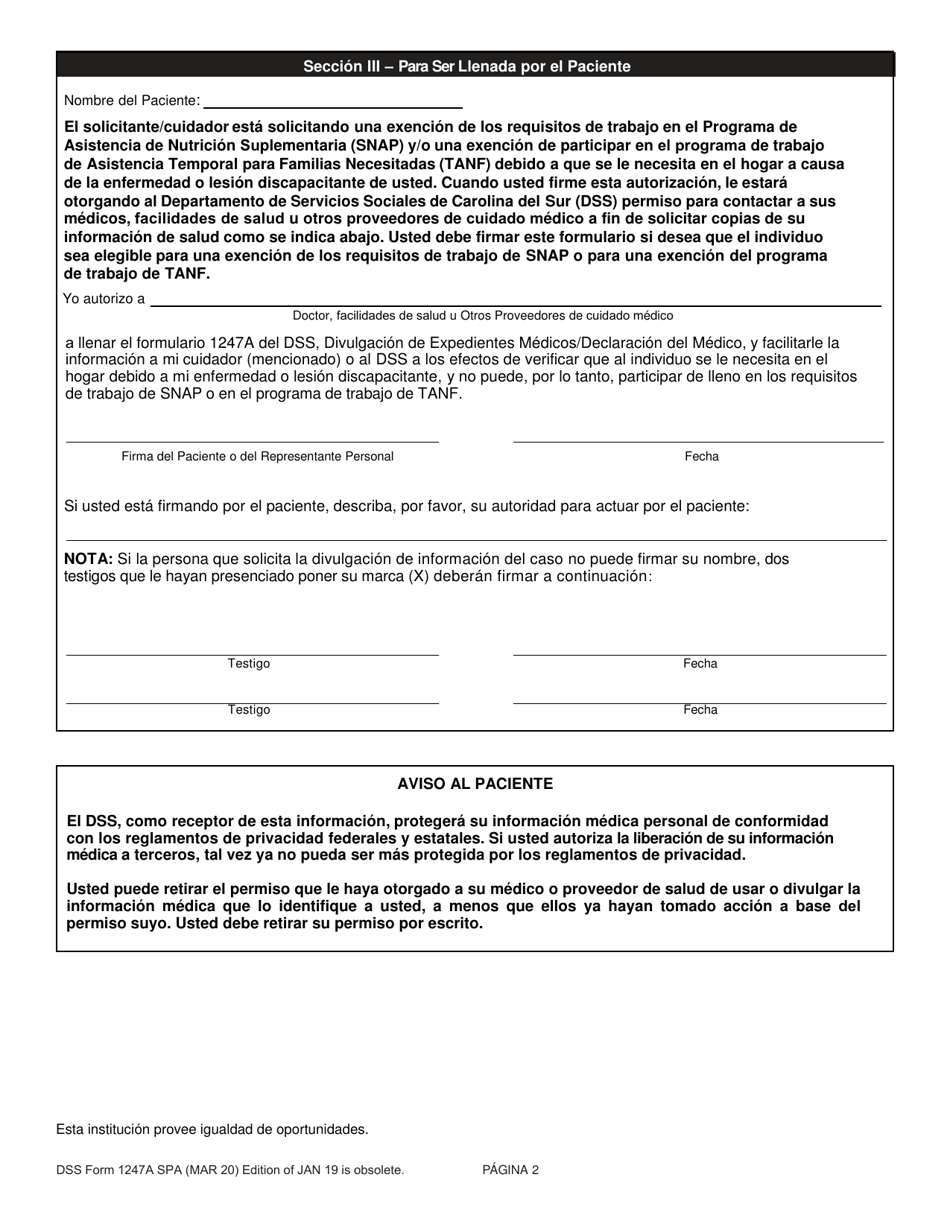 DSS Formulario 1247A SPA Divulgacion De Expedientes Medicos / Declaracion Del Medico: Se Le Requiere En El Hogar - South Carolina (Spanish), Page 2