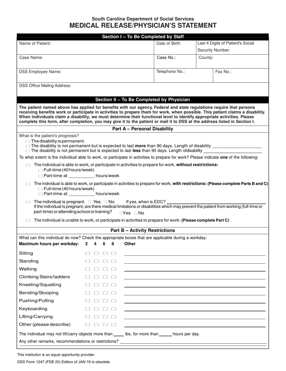 DSS Form 1247 Medical Release / Physicians Statement - South Carolina, Page 1