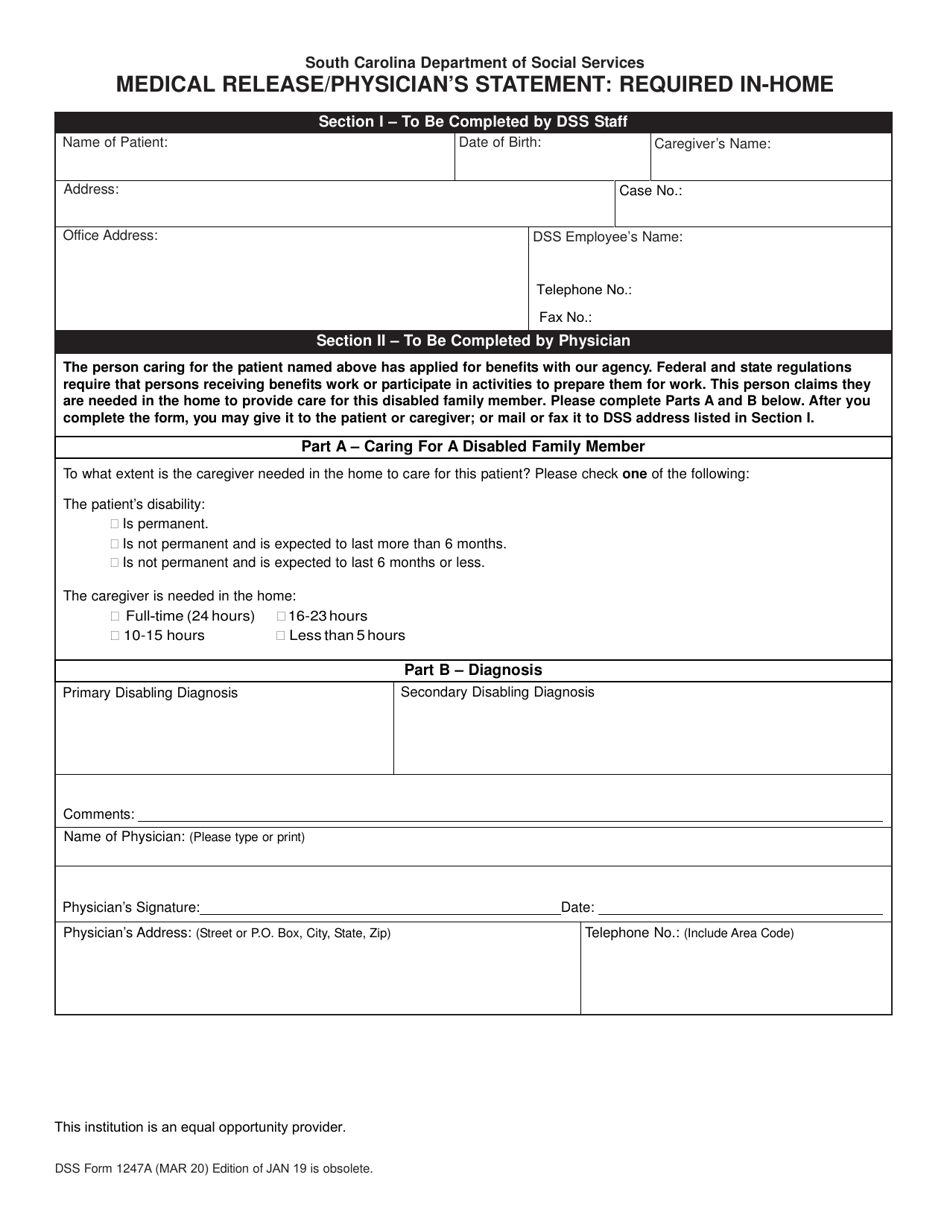 DSS Form 1247A Medical Release/Physician's Statement: Required in-Home - South Carolina, Page 1