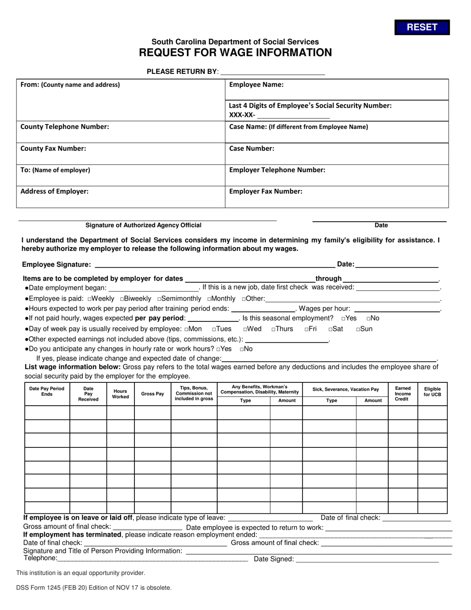 DSS Form 1245 Request for Wage Information - South Carolina, Page 1
