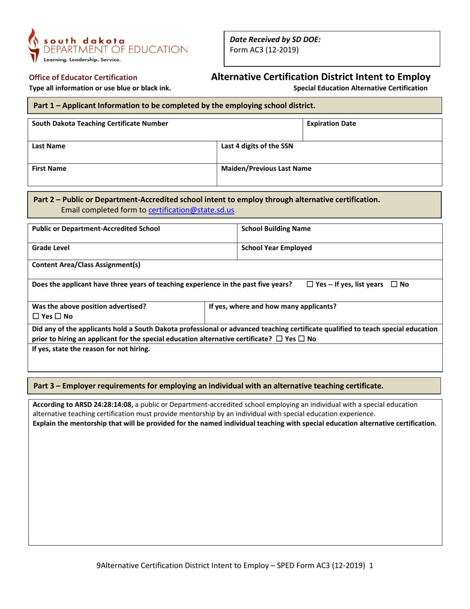 Form AC3 Alternative Certification District Intent to Employ - South Dakota, Page 1