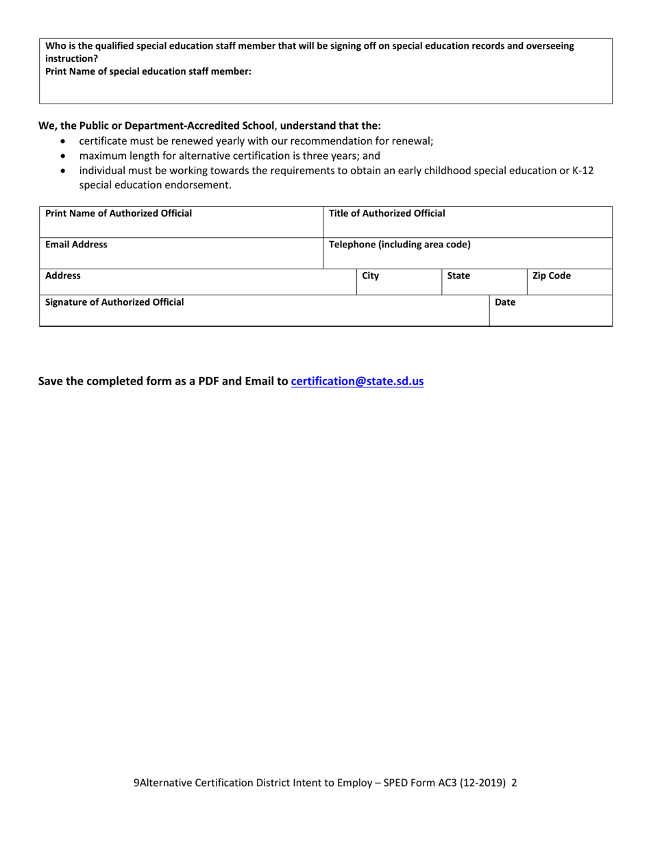 Form AC3 Alternative Certification District Intent to Employ - South Dakota, Page 2