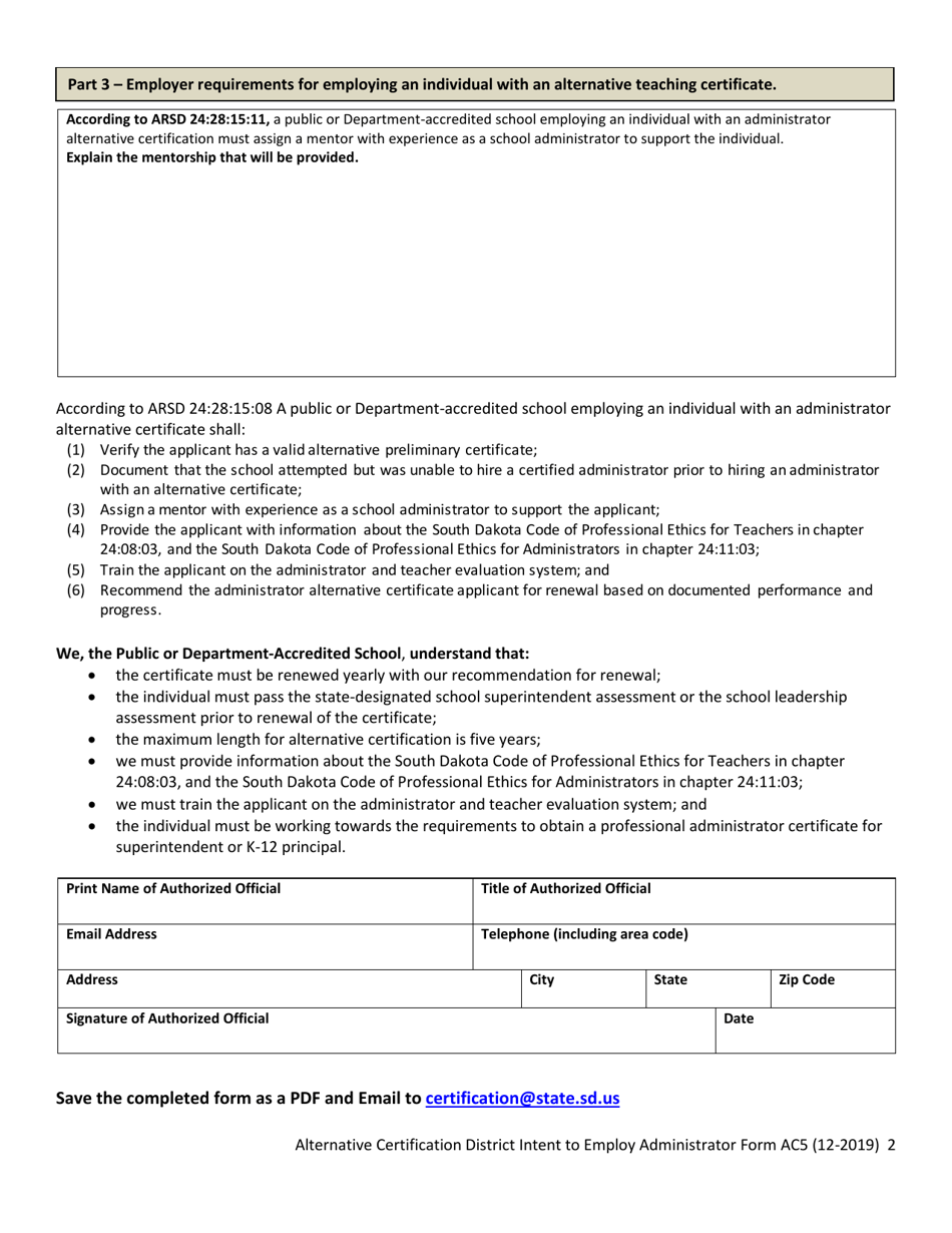 Form AC5 Alternative Certification District Intent to Employ - South Dakota, Page 2