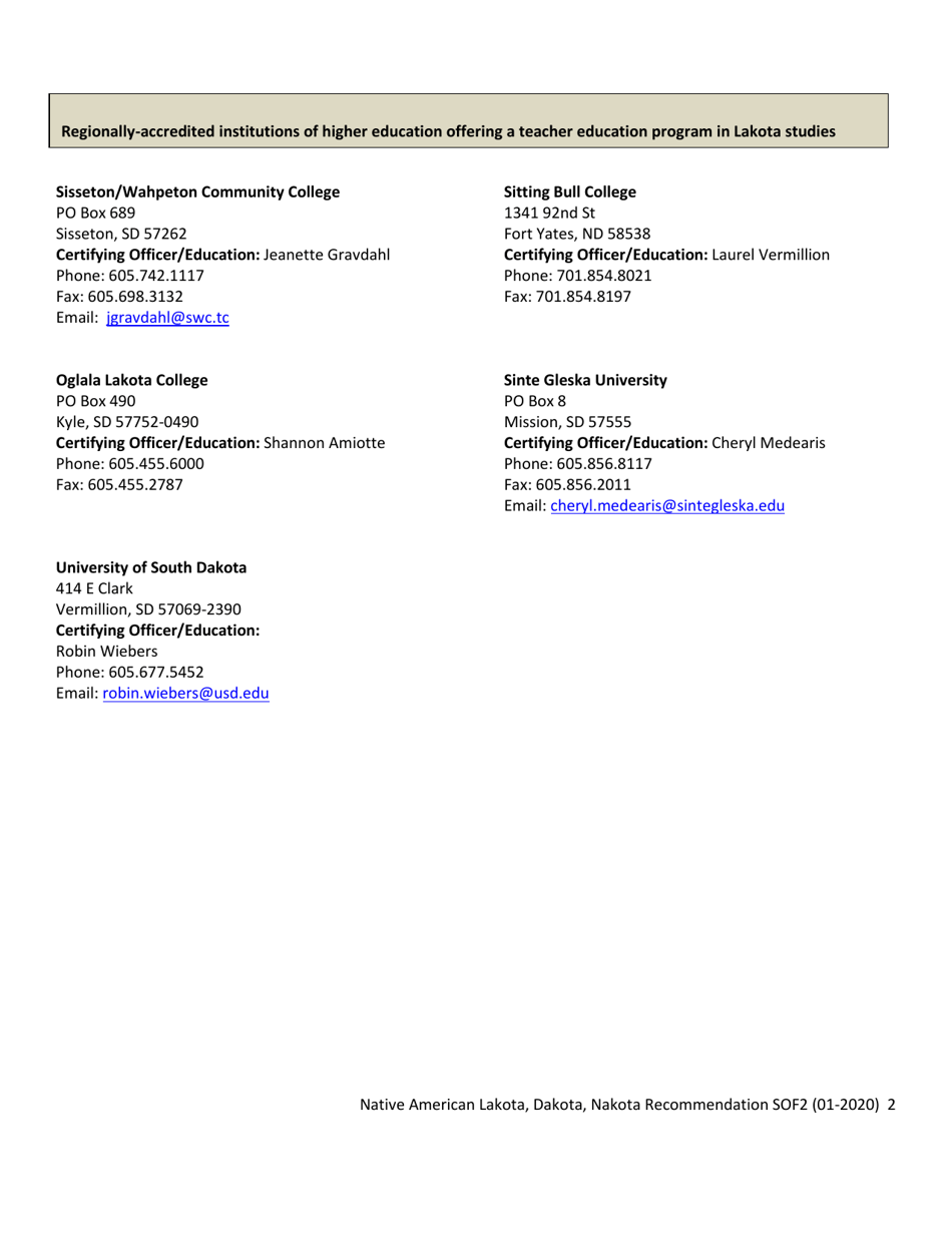 Form SOF2 Native American Lakota, Dakota, Nakota Recommendation for Certification - South Dakota, Page 2