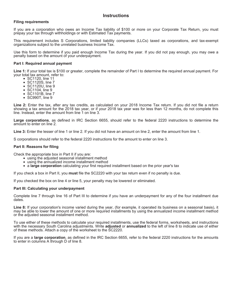 Form SC2220 Underpayment of Estimated Tax by Corporations - South Carolina, Page 3