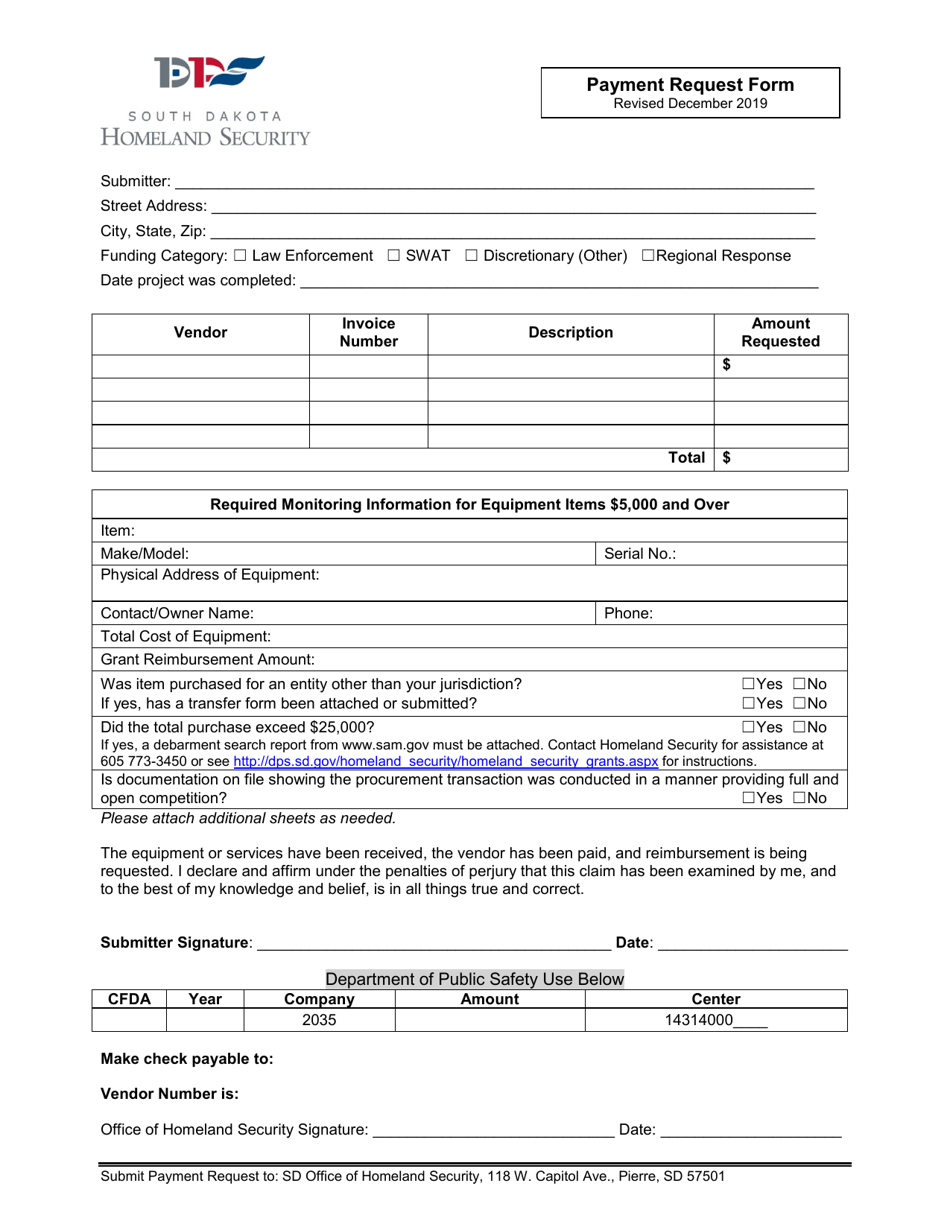 Payment Request Form - South Dakota, Page 1