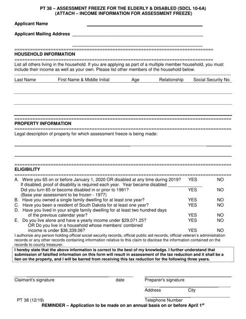 Form PT38 Assessment Freeze for the Elderly &amp; Disabled - South Dakota