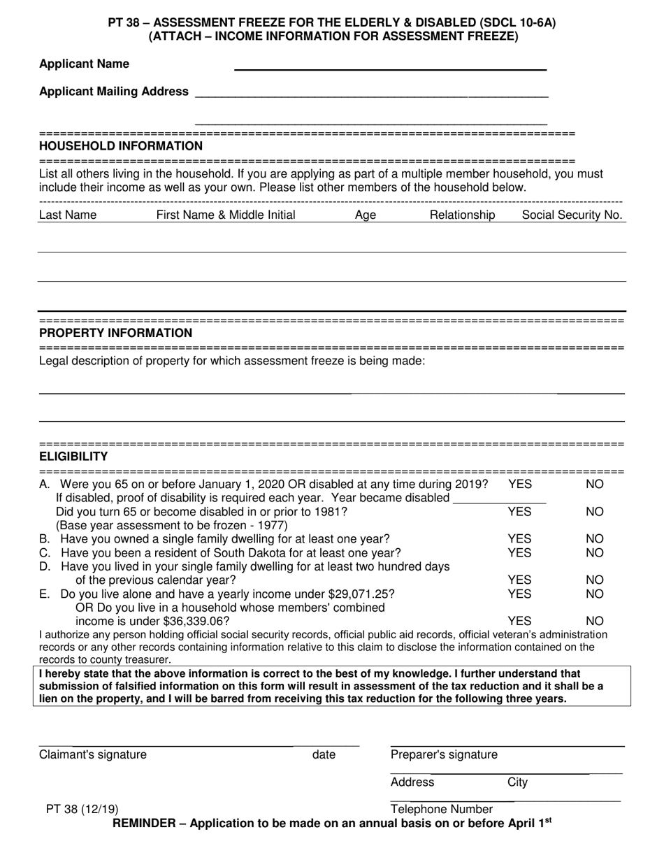 Form PT38 Assessment Freeze for the Elderly  Disabled - South Dakota, Page 1