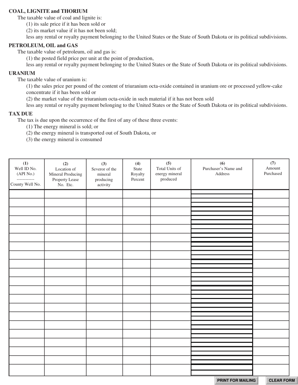 SD Form 0896 Energy Minerals Severance Tax and Conservation Tax Quarterly Report - South Dakota, Page 2