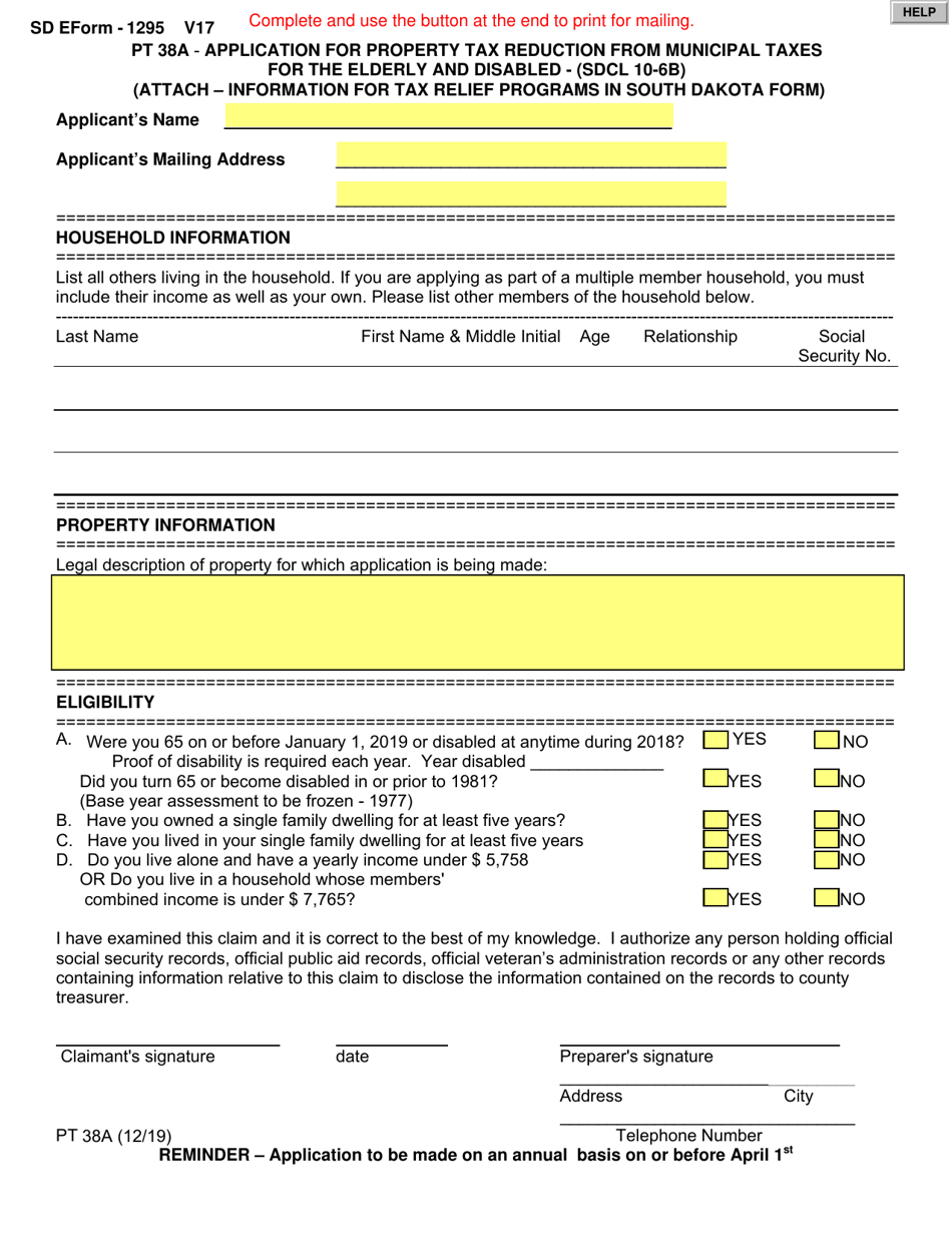 SD Form 1295 (PT38A) Application for Property Tax Reduction From Municipal Taxes for the Elderly and Disabled - South Dakota, Page 1