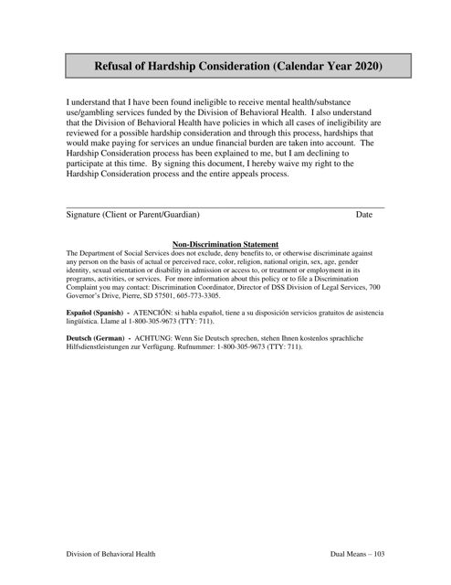 Form BH-05 Refusal of Hardship Consideration - South Dakota, 2020