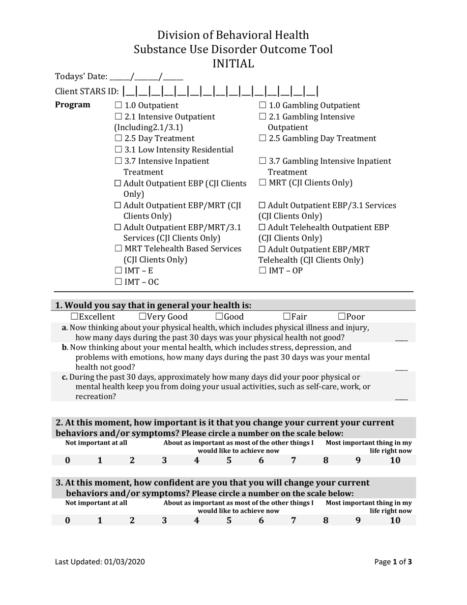Form BH-11A Substance Use Disorder Outcome Tool - Initial - South Dakota, Page 1