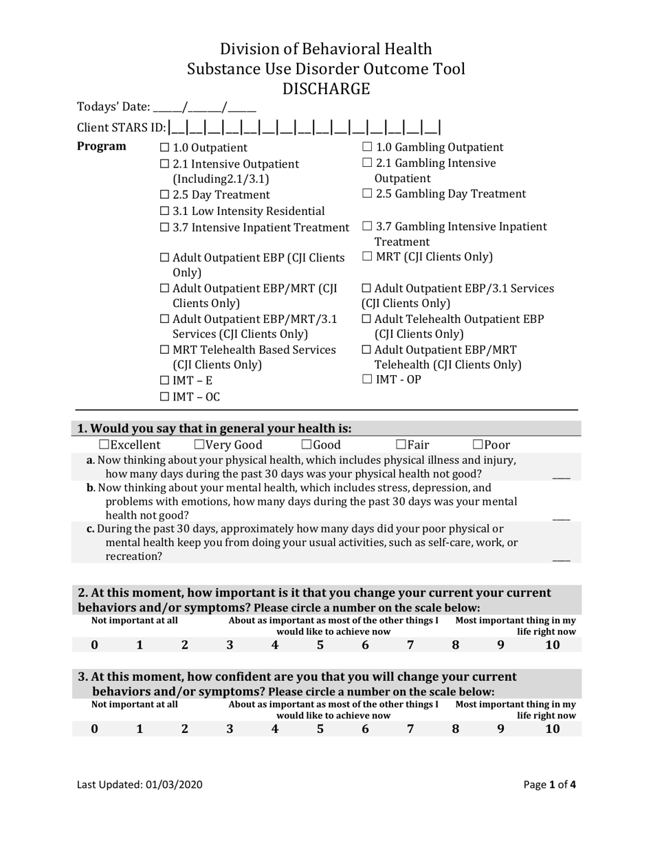 Form BH-11C Adult Substance Use Disorder Discharge Outcome Tool - South Dakota, Page 1
