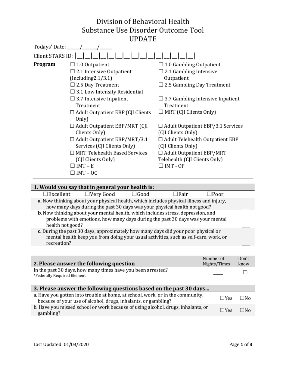Form BH-11B Adult Substance Use Disorder Update Outcome Tool - South Dakota, Page 1