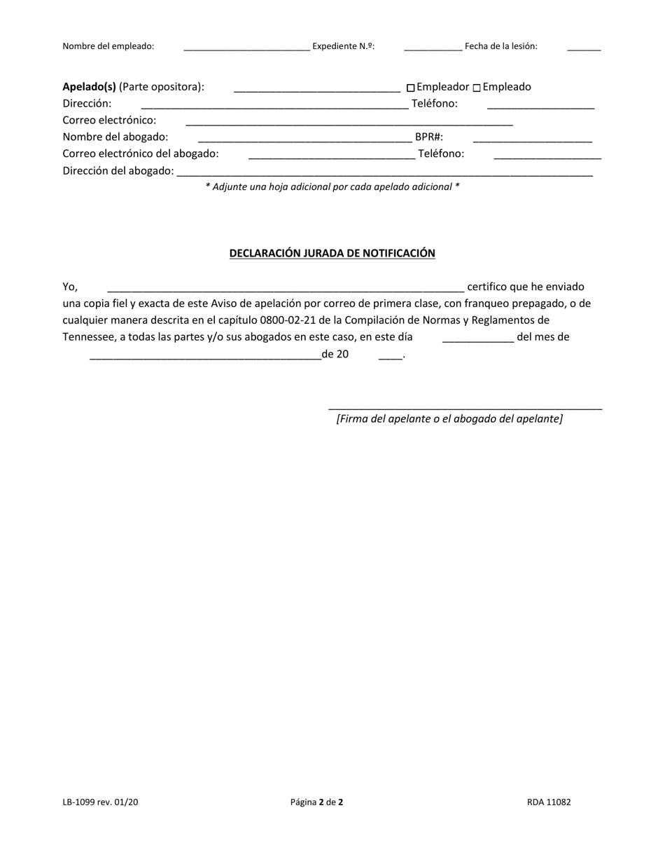 Formulario LB-1099 Aviso De Apelacion - Tennessee (Spanish), Page 2