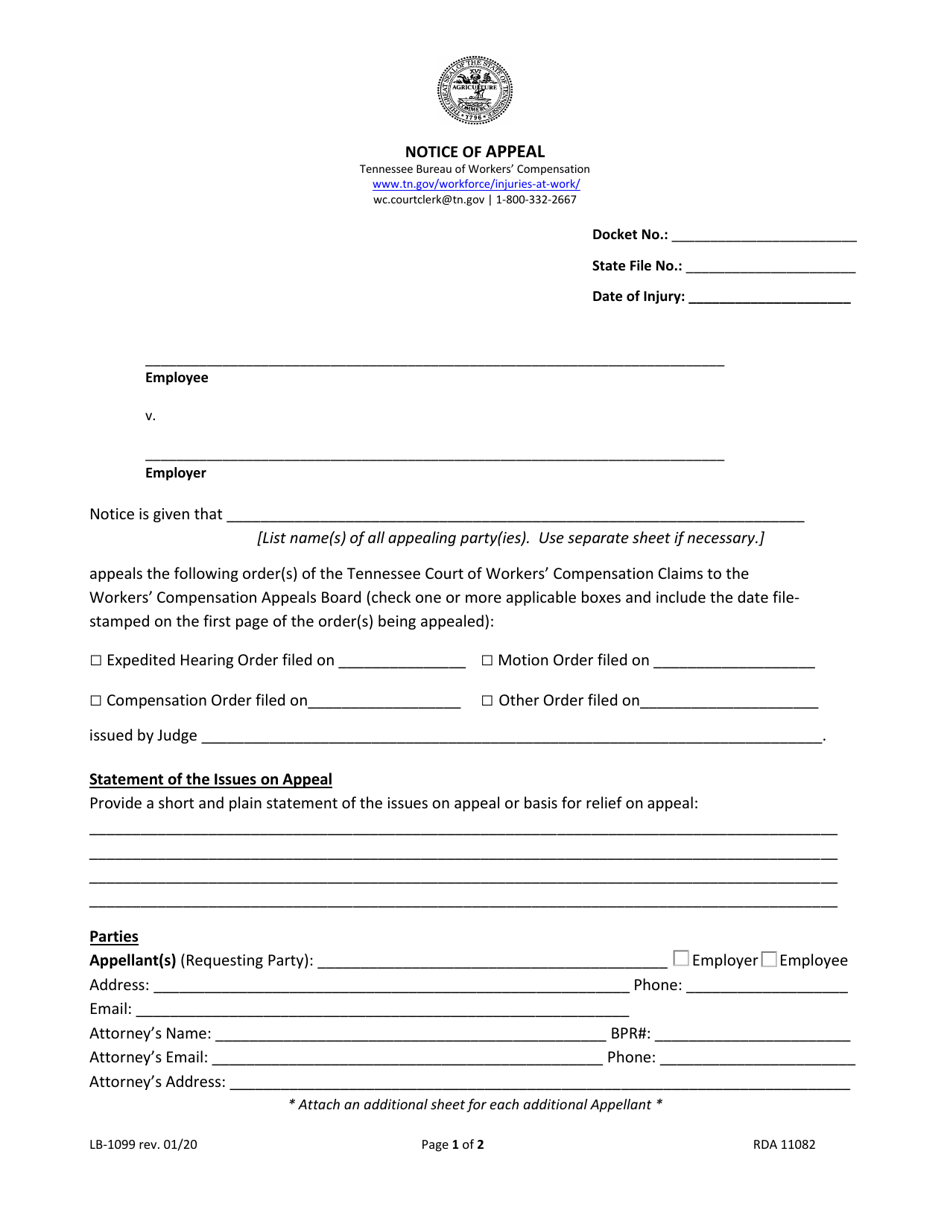 Form LB-1099 Notice of Appeal - Tennessee, Page 1
