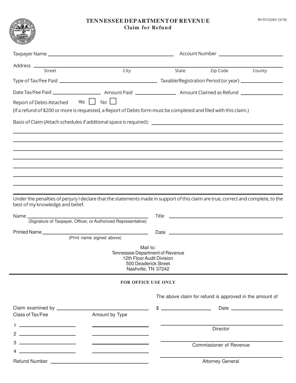 Form RV-F0102401 Claim for Refund - Tennessee, Page 1