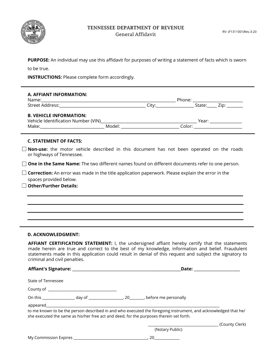 Form RV-F1311001 General Affidavit - Tennessee, Page 1