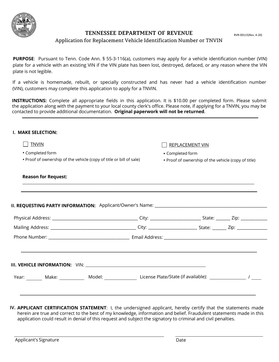 Form RVR-00115 Application for Replacement Vehicle Identification Number or Tnvin - Tennessee, Page 1