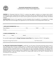 Document preview: Form RV-F1312901 Certification for Antique Vehicle Registration - Tennessee
