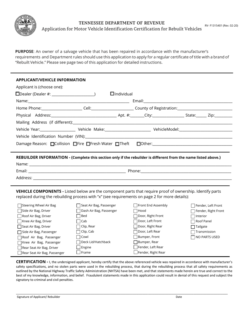 Form RV-F1315401 Application for Motor Vehicle Identification Certification for Rebuilt Vehicles - Tennessee, Page 1