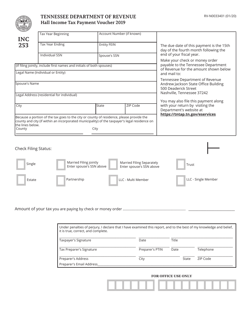 Form INC253 (RV-N0033401) Hall Income Tax Payment Voucher - Tennessee, Page 1