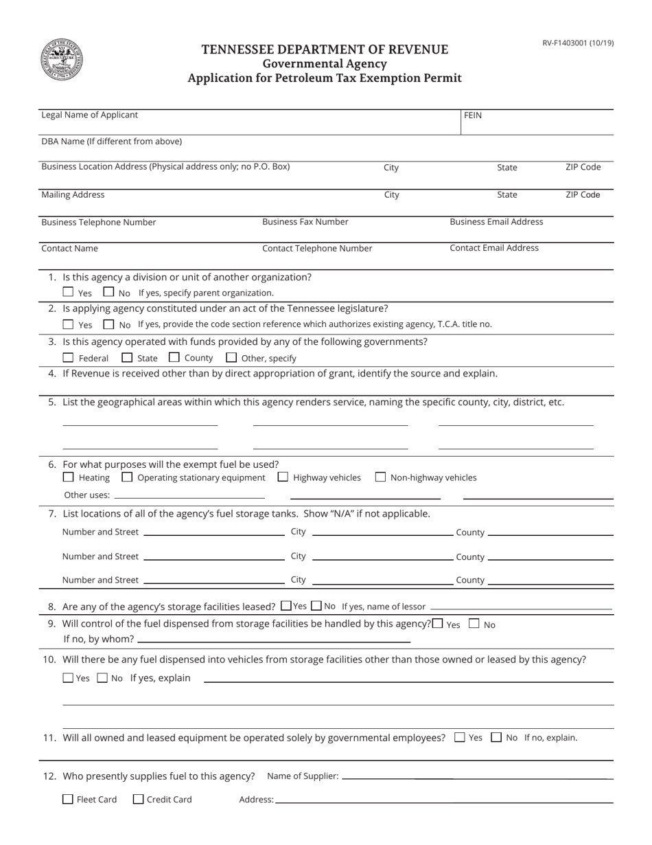 Form RV-F1403001 Governmental Agency Application for Petroleum Tax Exemption Permit - Tennessee, Page 1