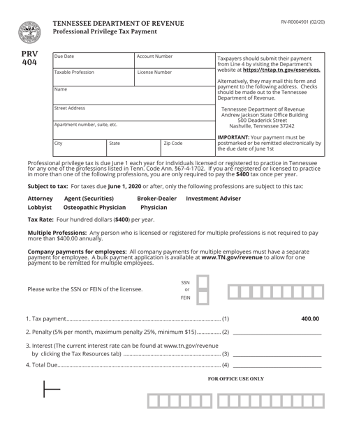 Form RV-R0004901 (PRV404) Professional Privilege Tax Payment - Tennessee