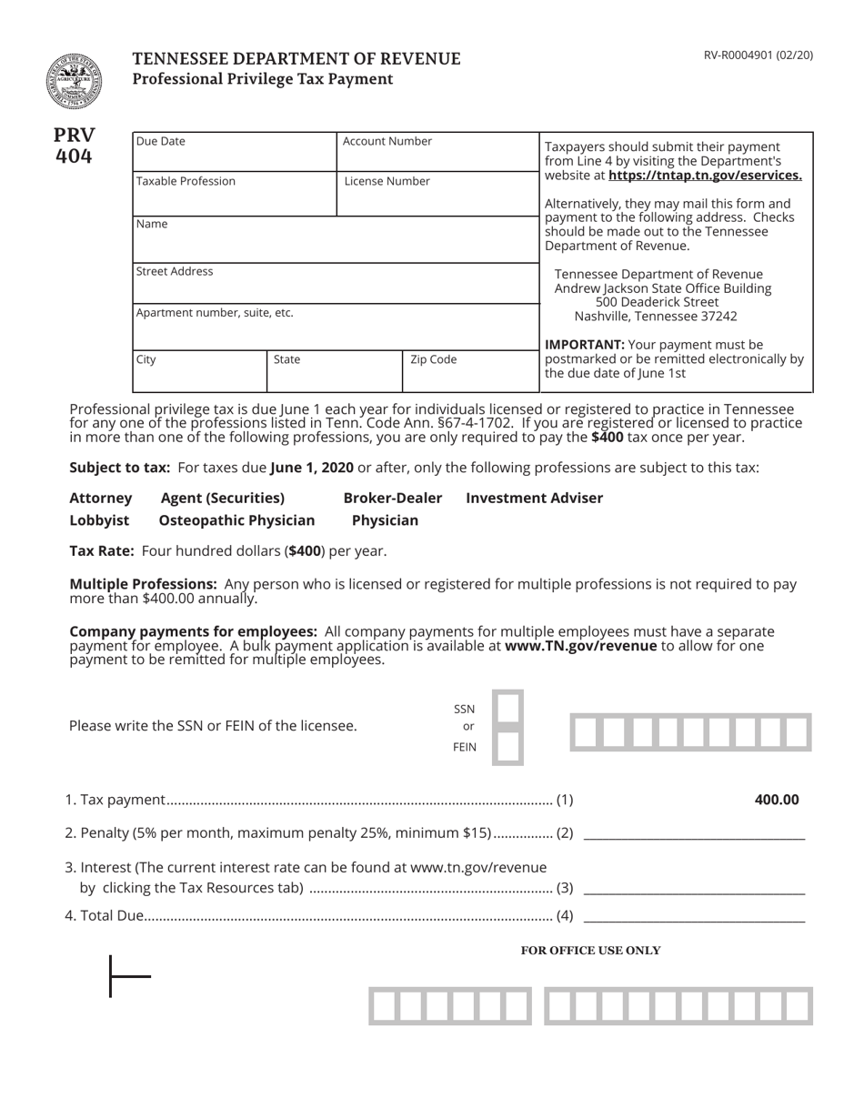 Form RV-R0004901 (PRV404) Professional Privilege Tax Payment - Tennessee, Page 1