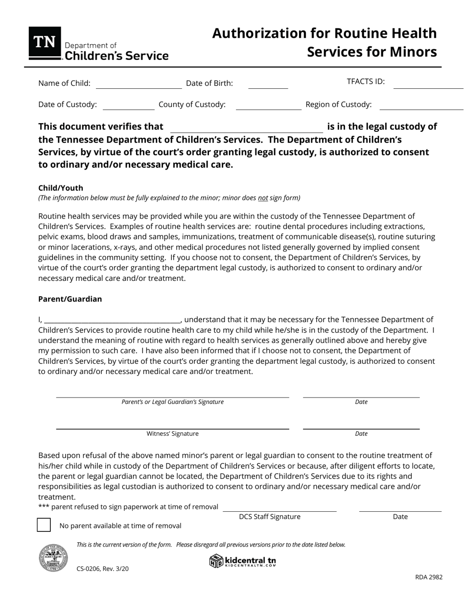 Form CS-0206 Authorization for Routine Health Services for Minors - Tennessee, Page 1