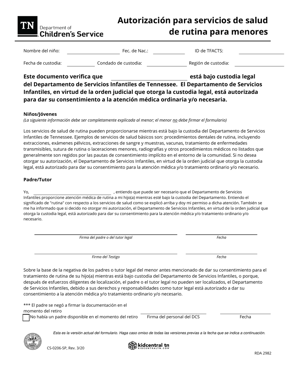 Formulario CS-0206-SP Autorizacion Para Servicios De Salud De Rutina Para Menores - Tennessee (Spanish), Page 1