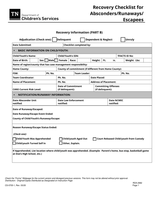 Form CS-0705-1 Recovery Checklist for Absconders/Runaways/Escapees - Tennessee
