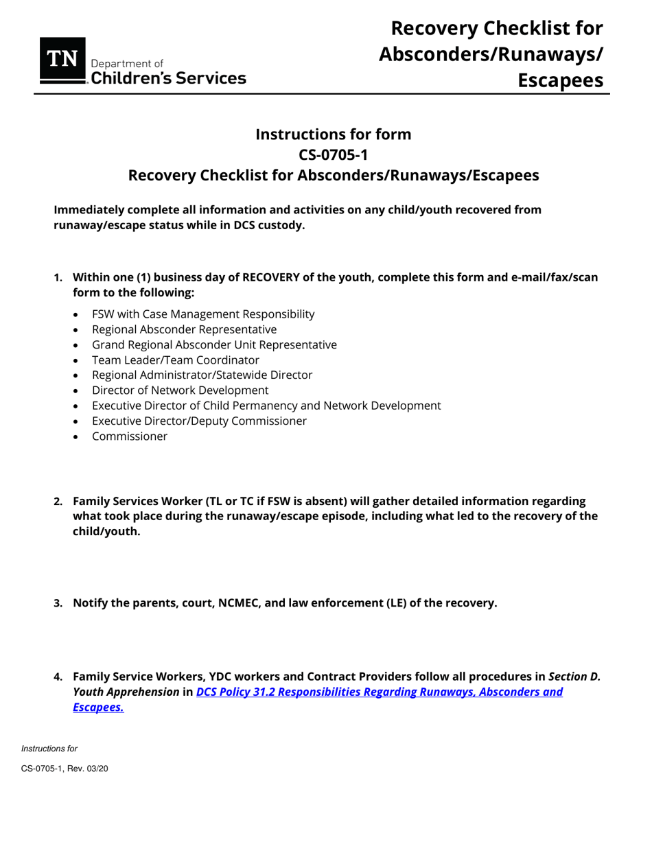 Form CS-0705-1 Recovery Checklist for Absconders / Runaways / Escapees - Tennessee, Page 3