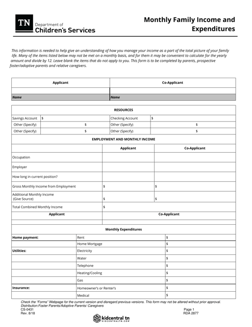 Form CS-0431 Monthly Family Income and Expenditures - Tennessee