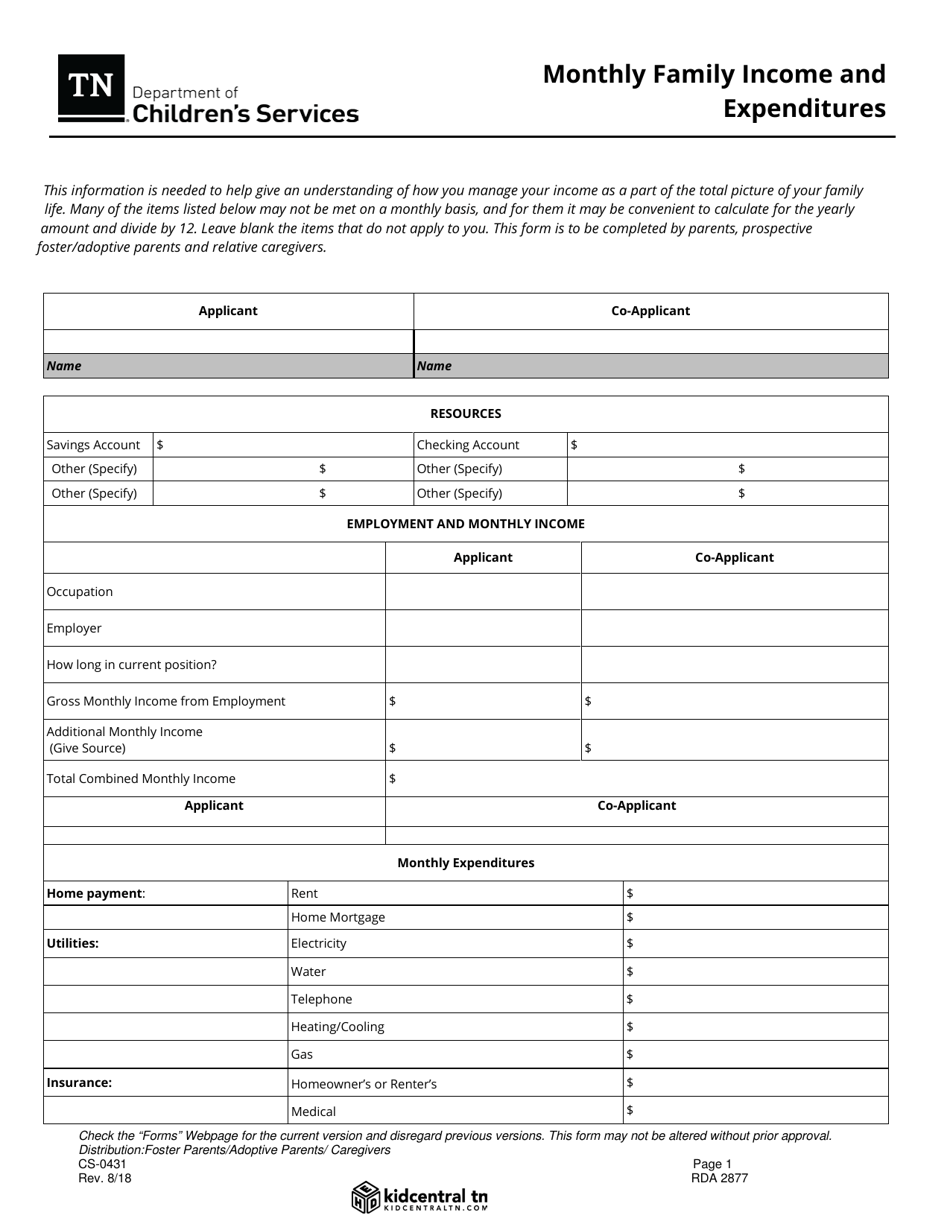 Form CS-0431 Monthly Family Income and Expenditures - Tennessee, Page 1