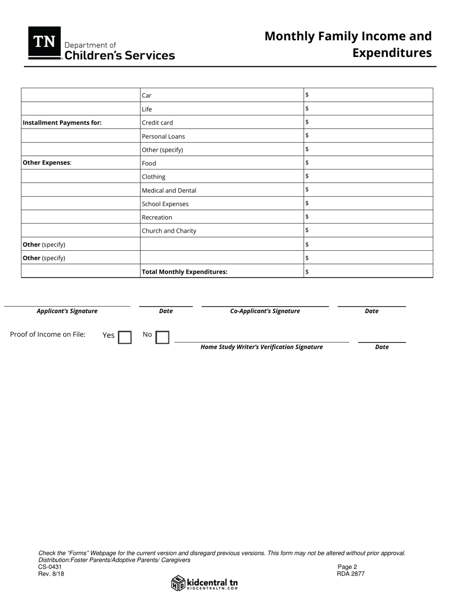 Form CS-0431 Monthly Family Income and Expenditures - Tennessee, Page 2