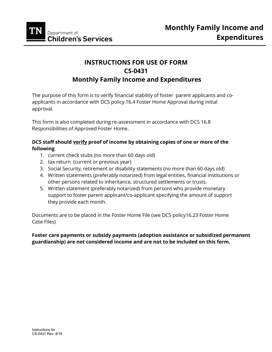 Form CS-0431 Monthly Family Income and Expenditures - Tennessee, Page 3