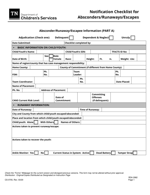 Form CS-0705 Notification Checklist for Absconders/Runaways/Escapees - Tennessee