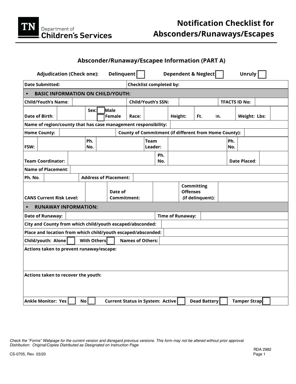 Form CS-0705 Notification Checklist for Absconders / Runaways / Escapees - Tennessee, Page 1
