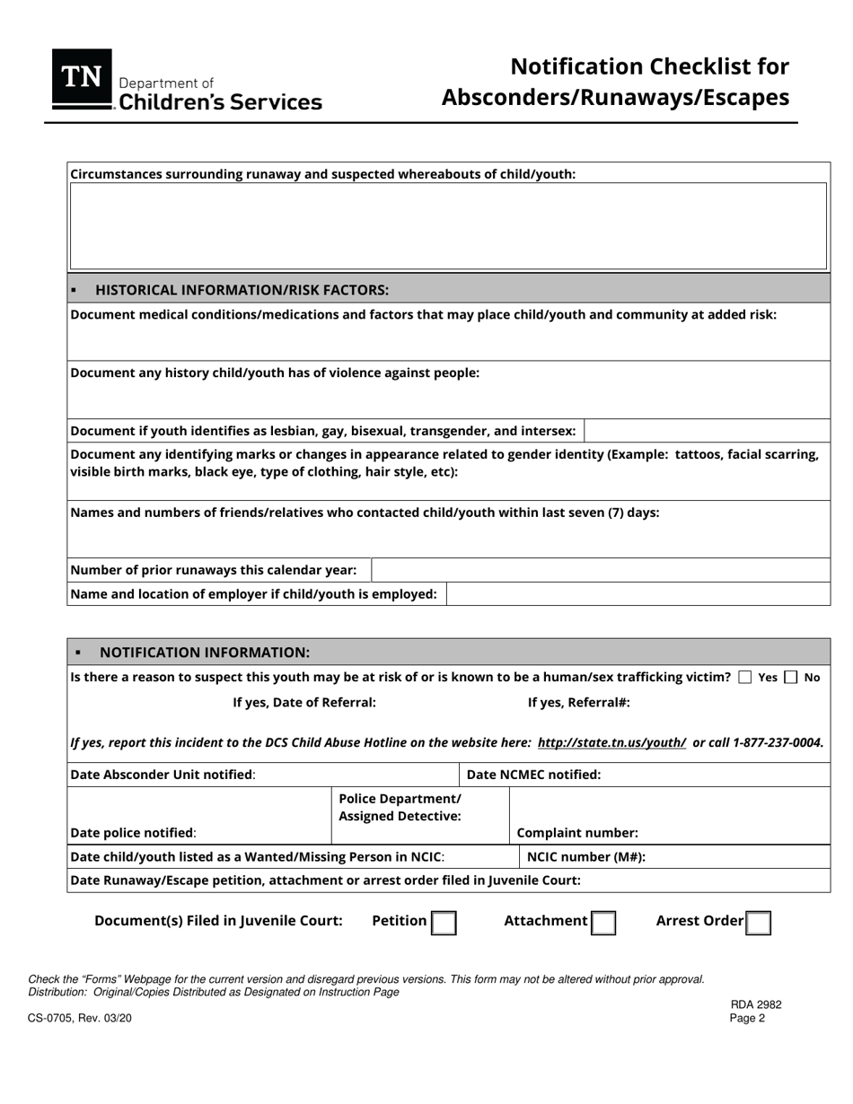 Form CS-0705 Notification Checklist for Absconders / Runaways / Escapees - Tennessee, Page 2