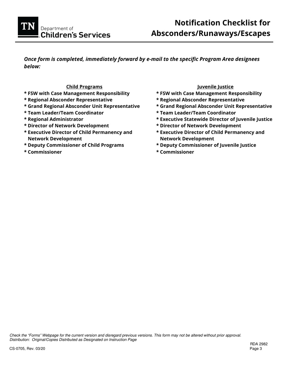 Form CS-0705 Notification Checklist for Absconders / Runaways / Escapees - Tennessee, Page 3