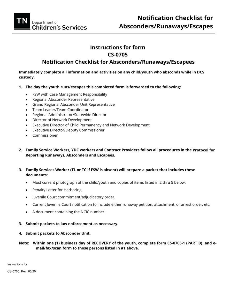 Form CS-0705 Notification Checklist for Absconders / Runaways / Escapees - Tennessee, Page 4