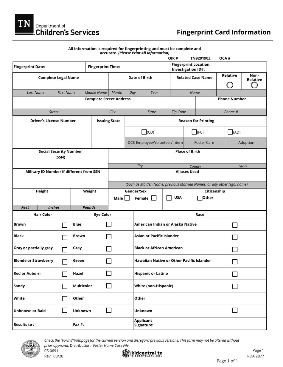Form CS-0691 Fingerprint Card Information - Tennessee, Page 1