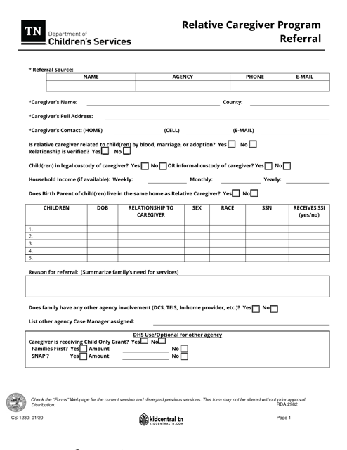 Form CS-1230 Relative Caregiver Program Referral - Tennessee