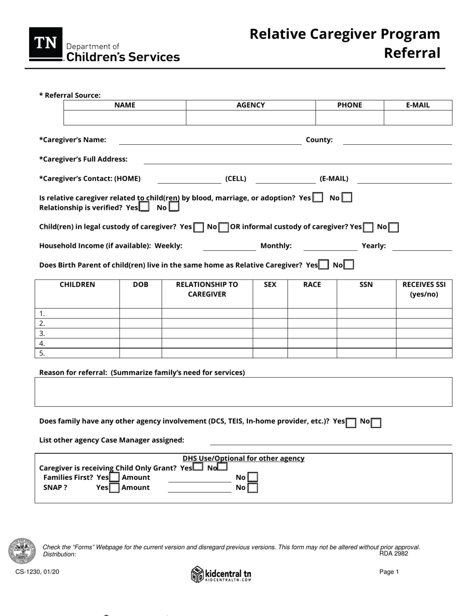 Form CS-1230 Relative Caregiver Program Referral - Tennessee, Page 1