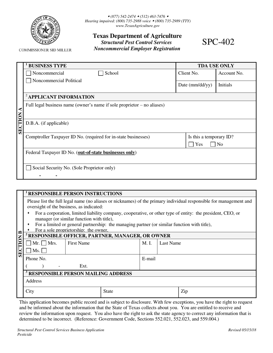 Form SPC-402 Structural Pest Control Services Noncommercial Employer Registration - Texas, Page 1