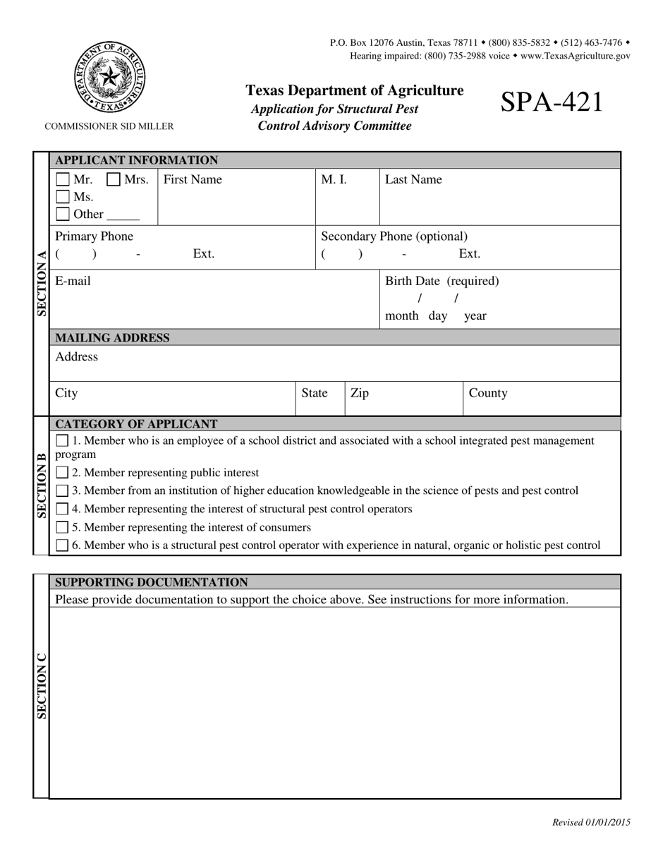 Form SPA-421 Application for Structural Pest Control Advisory Committee - Texas, Page 1