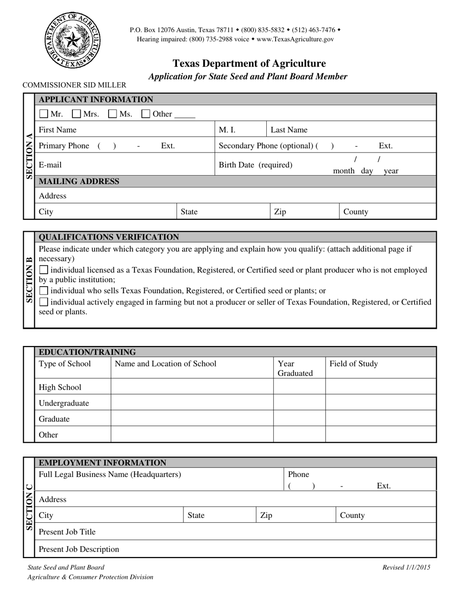 Application for State Seed and Plant Board Member - Texas, Page 1