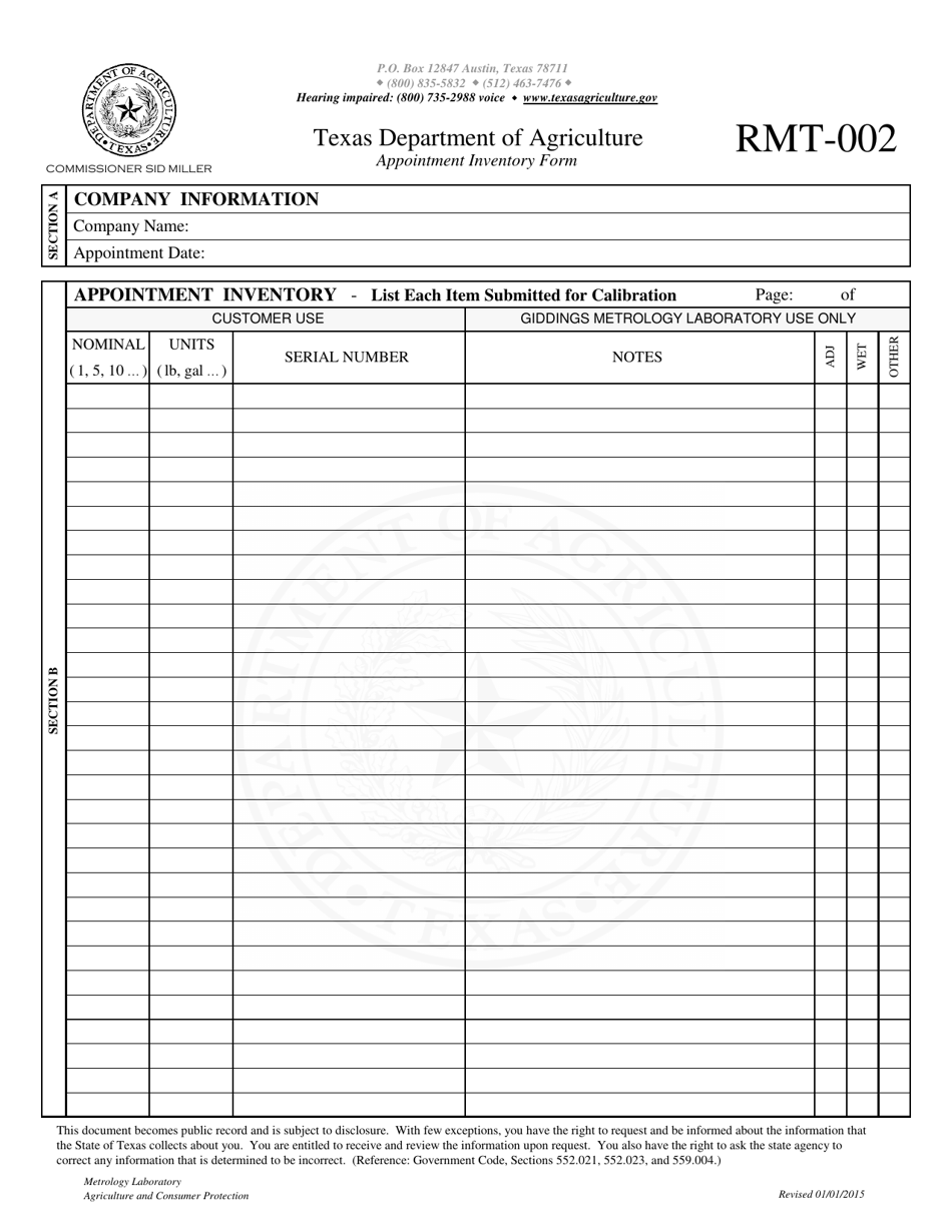 Form RMT-002 Calibration Appointment Inventory Form - Texas, Page 1